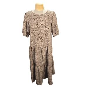 Sucrefas Polka Dot Tiered Dress Women Size 24 Tan Black Puff Sleeve Midi Boho